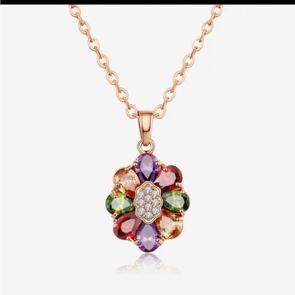 Multicolor Diamond Cubic Zirconia Mosaic Pendant Rose Gold Necklace NEW IN BOX - Picture 3 of 4
